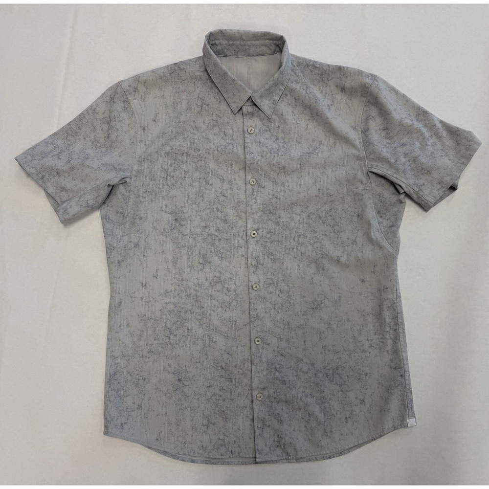 Lululemon Airing Easy Shirt Men's L/XL White Gray Print Short Sleeve Button Up